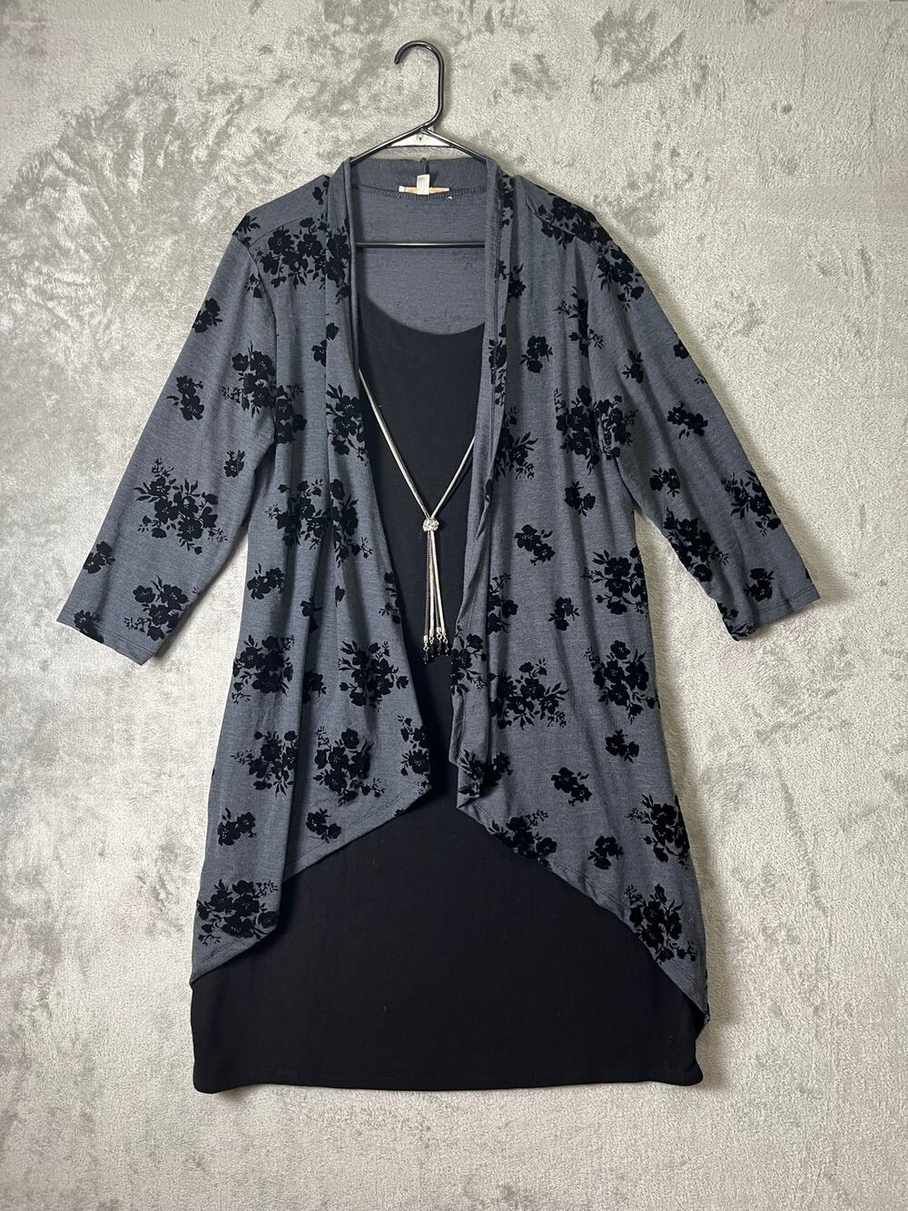 HAANI 1X Gray Black Floral Layered Tunic Dress Lagenlook Artsy Boho Romantic